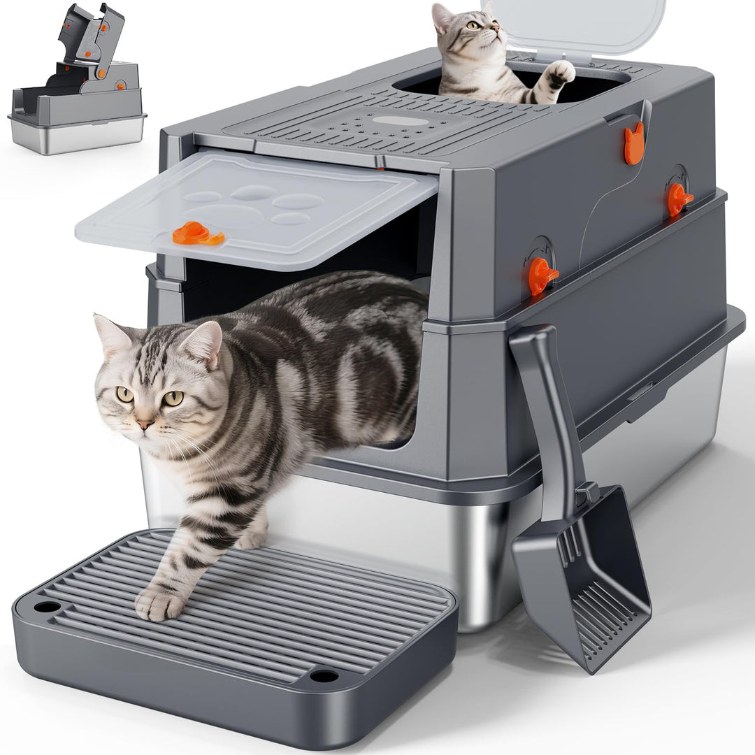 MIXJOY Edelstahl Katzenklo XXL mit Deckel, Katzentoilette Edelstahl Zwei-Tür-Konfiguration, Geschlos