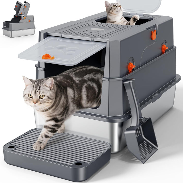 MIXJOY Edelstahl Katzenklo XXL mit Deckel, Katzentoilette Edelstahl Zwei-Tür-Konfiguration, Geschlos