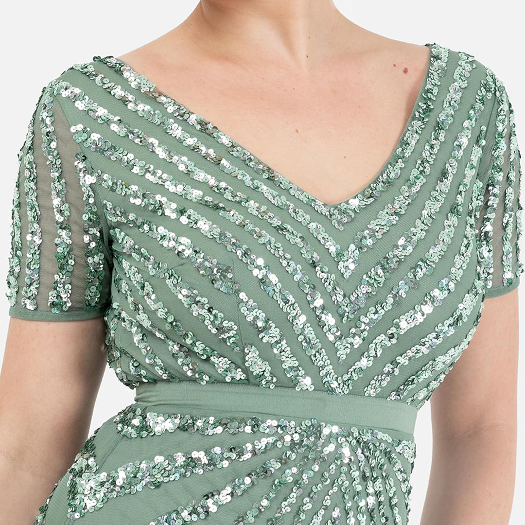 Maya Deluxe Damen Maxi Womens Ladies Embellished Sequin Dress Long Short Sleeve V Neck High Empire W
