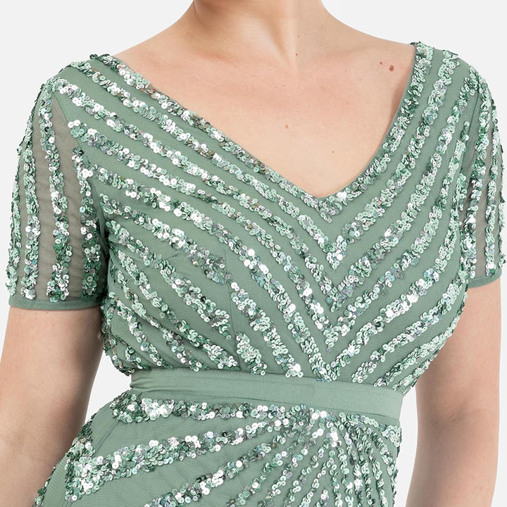 Maya Deluxe Damen Maxi Womens Ladies Embellished Sequin Dress Long Short Sleeve V Neck High Empire W