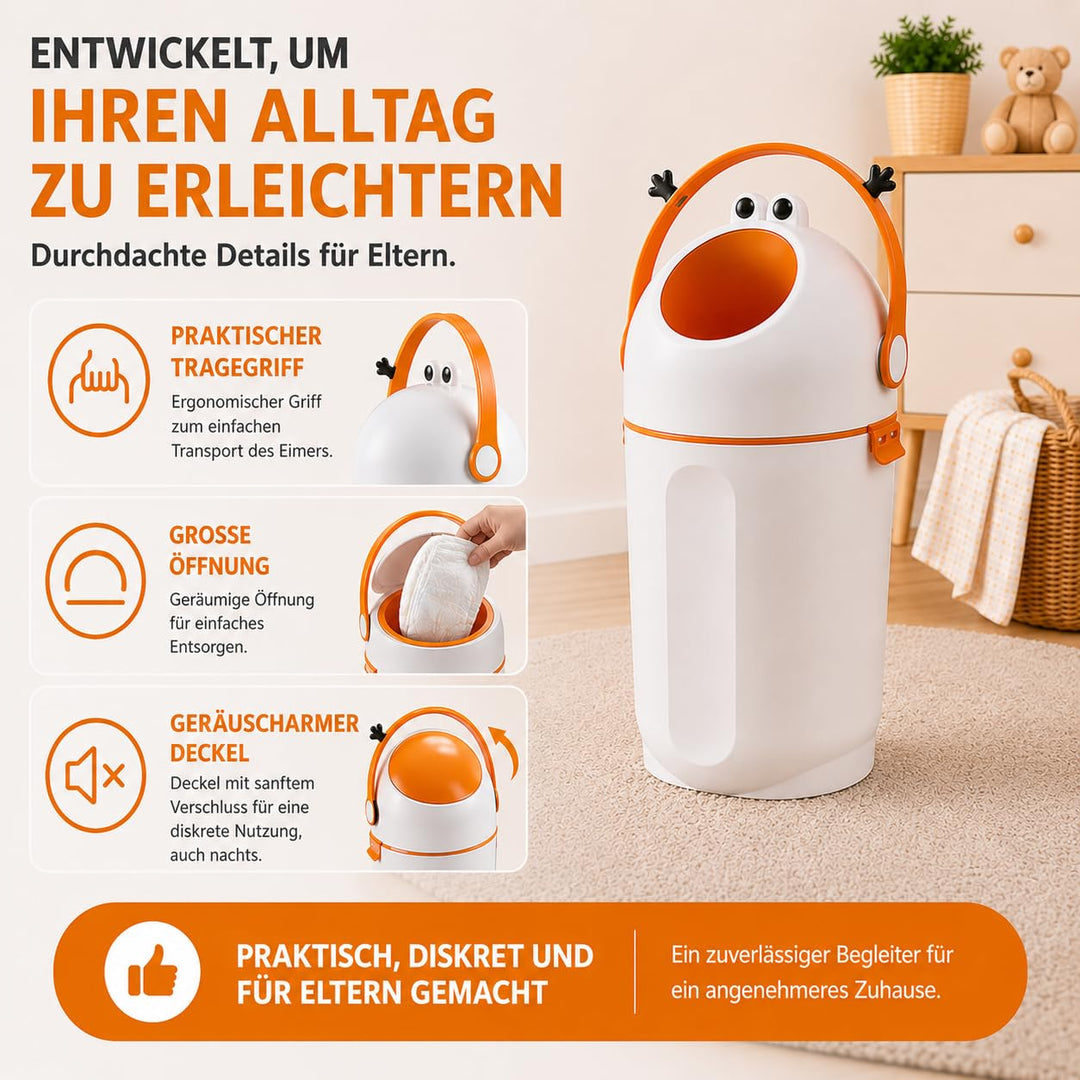 Windeleimer 15L mit Frosch-Design, Einhand-Bedienung durch Zugbügel, geruchsdicht durch Deckelmechan