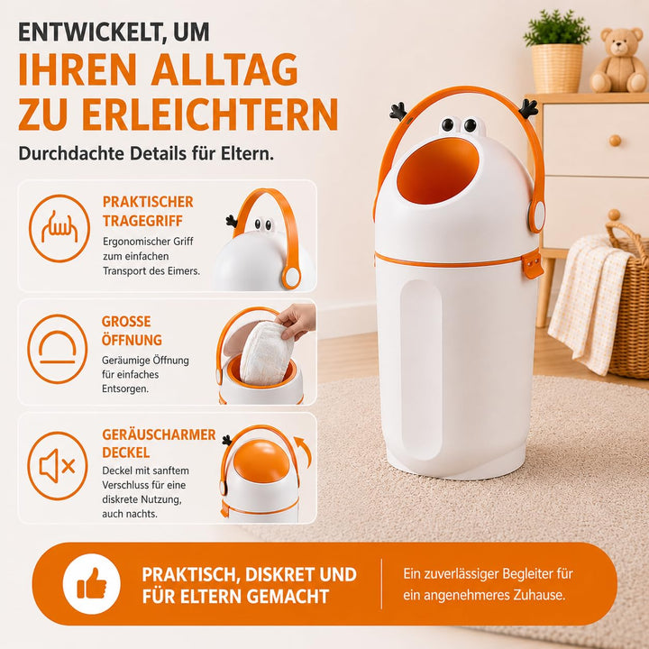 Windeleimer 15L mit Frosch-Design, Einhand-Bedienung durch Zugbügel, geruchsdicht durch Deckelmechan