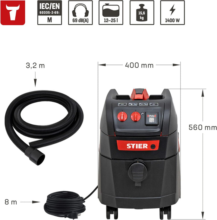 STIER Nass-Trockensauger ABS-35M Premium, 1400W, 35l Behälter, 13m Aktionsradius, Impuls-Filterabrei