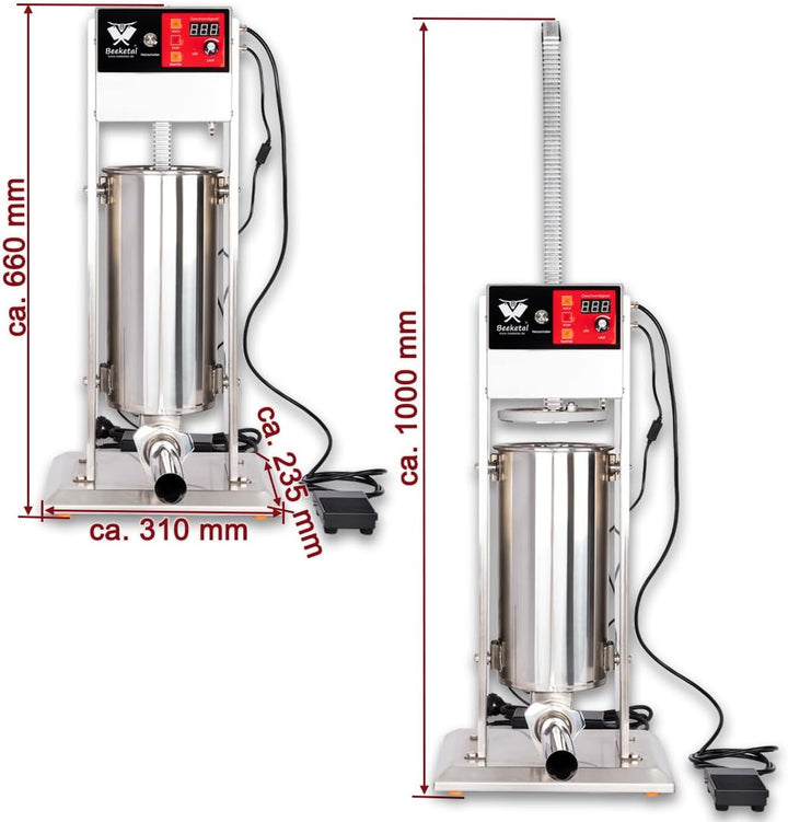 Beeketal BT6-E Elektrischer Wurstfüller 6 L, Edelstahl, mit Fusspedal, 4 Fülltüllen, 230 V