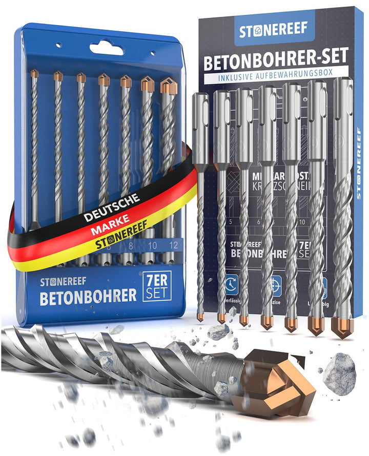 SDS Plus Betonbohrer – 7-teilig inkl. Kassette – Ø 5, 6, 6, 8, 8, 10, 12 mm x 156 mm – Profi Bohrset