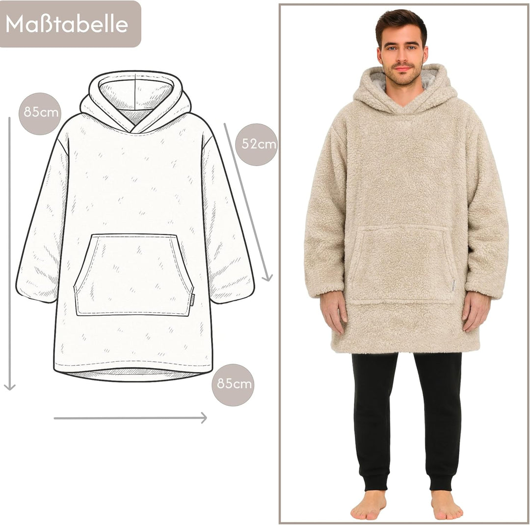 Hoodie Decke mit Ärmeln - Sherpa Wende Deckenpullover Oversize Kuscheldecke zum anziehen Kuschelponc