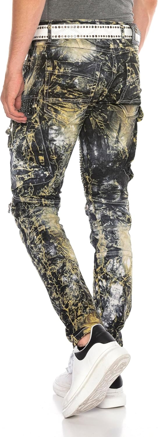 Cipo & Baxx Herren Biker Jeans Ripped-Destroyed-Frayed-Slim Fit Jeans Hose mit Nieten und Muster Kha