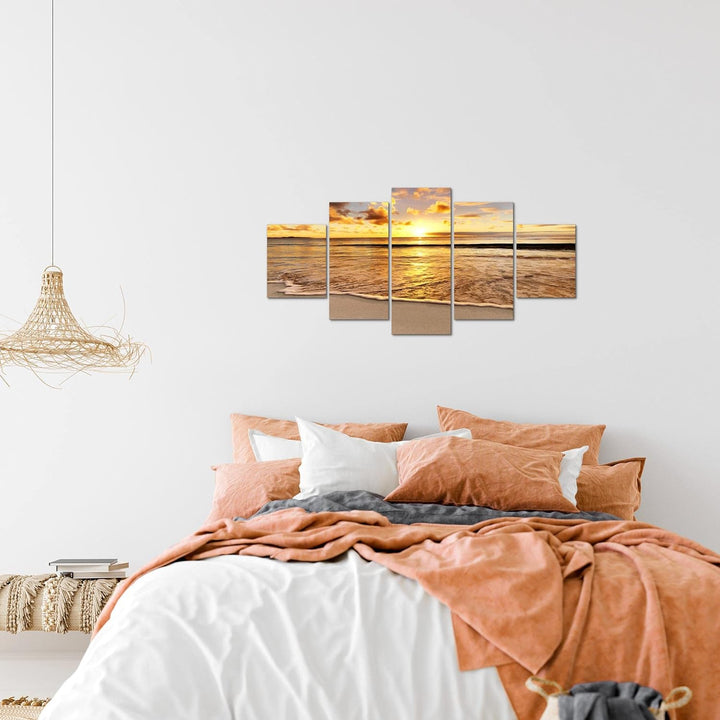 Runa Art Wandbilder Sonnenuntergang Strand 5 Teilig Bild auf Vlies Leinwand Deko Schlafzimmer Wohnzi