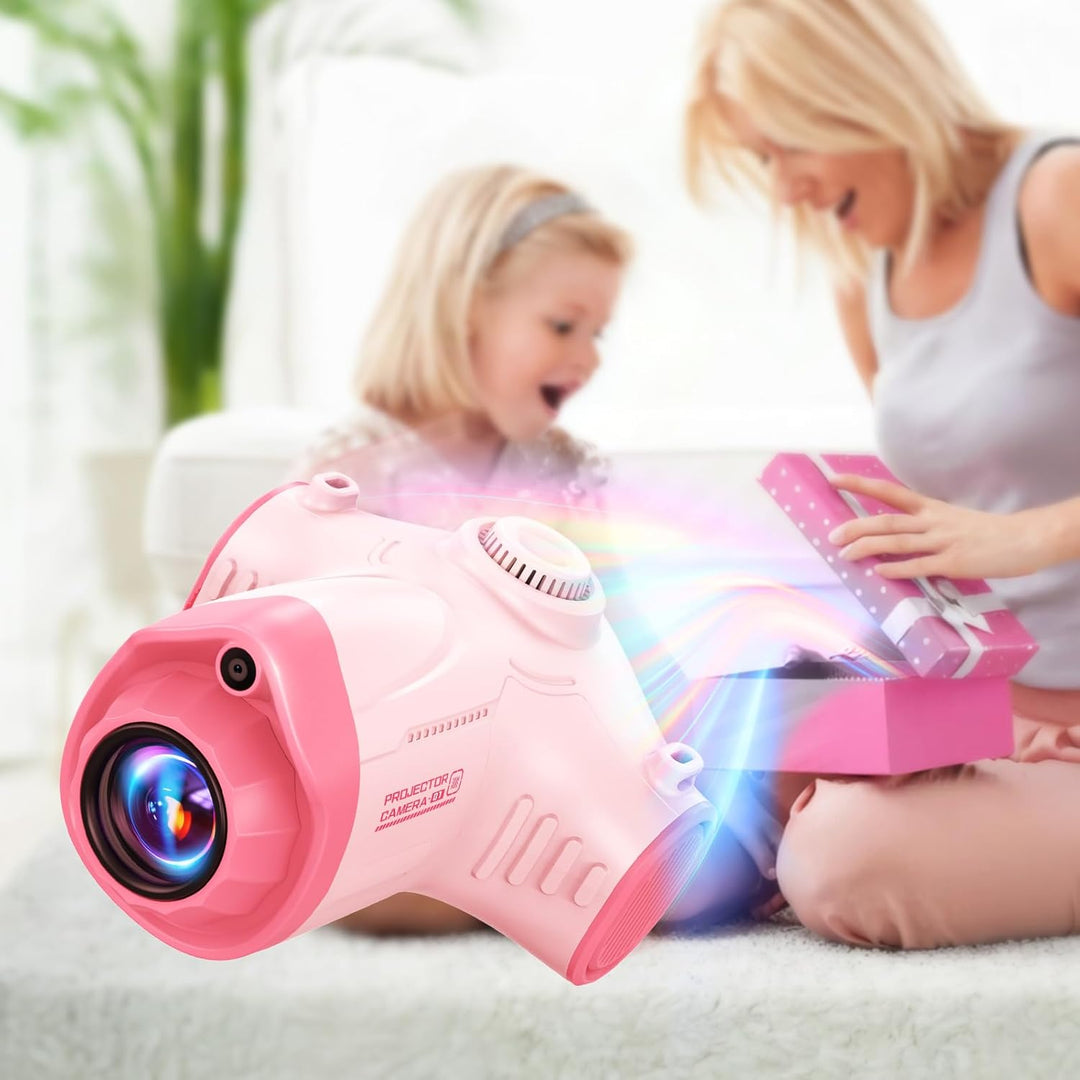 2 in 1 Kinderkamera mit Projektion, Stativ, 32GB-Karte, grosser Akku, Geschenk für 3-12 Jahre (Rosa)