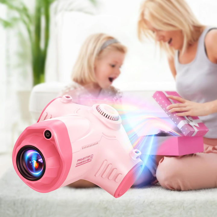 2 in 1 Kinderkamera mit Projektion, Stativ, 32GB-Karte, grosser Akku, Geschenk für 3-12 Jahre (Rosa)