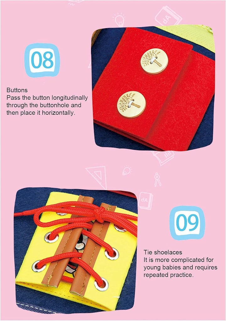 Baby Busy Board, Montessori-Lernspielzeug aus Holz, Feinmotorik und Grundlegende Lebenskompetenzen E