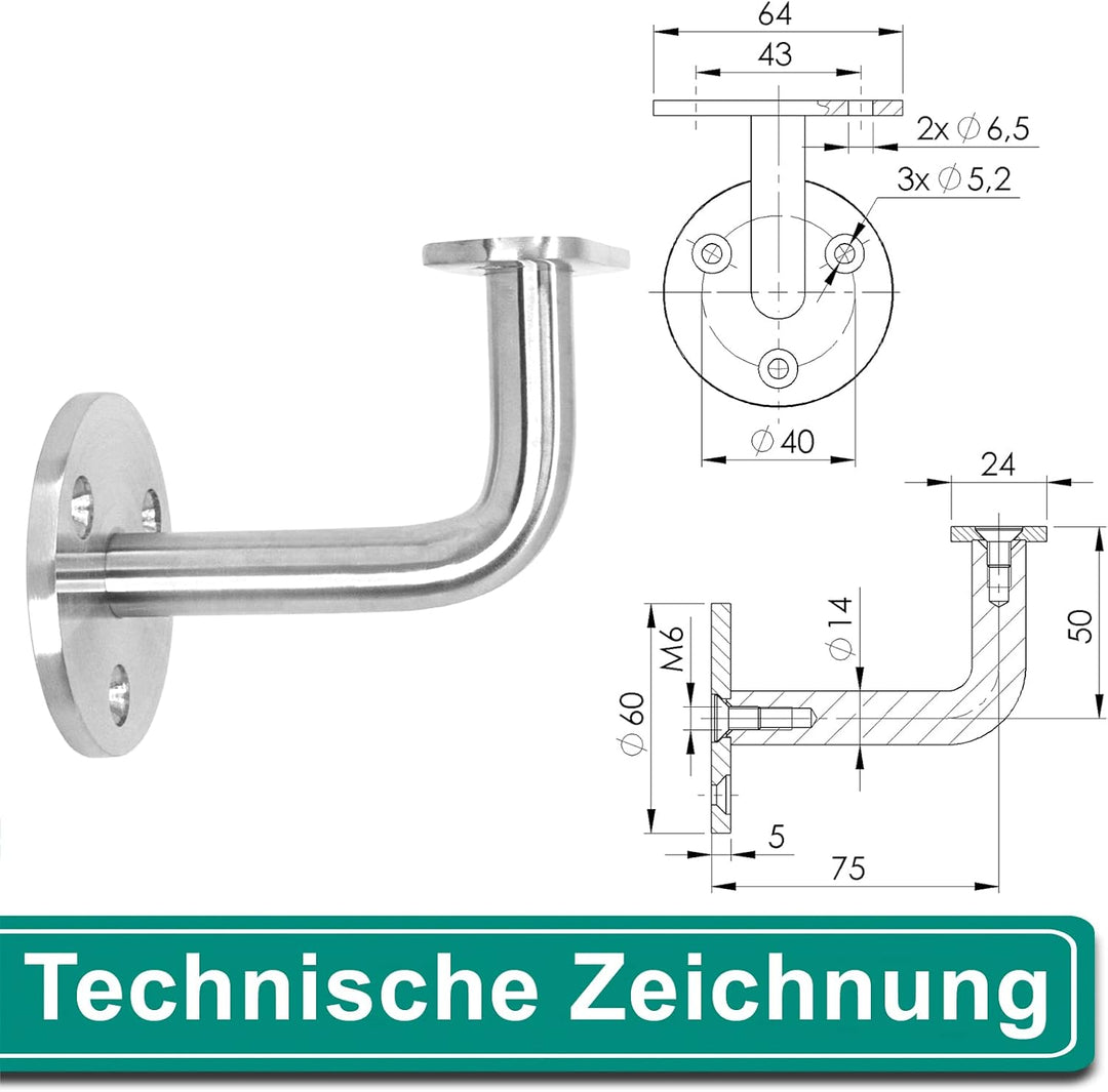 PRIOstahl Handlaufhalter Handlauf Handlaufstütze Wandhalter - 4 x Handlaufträger Flach an die Wand z