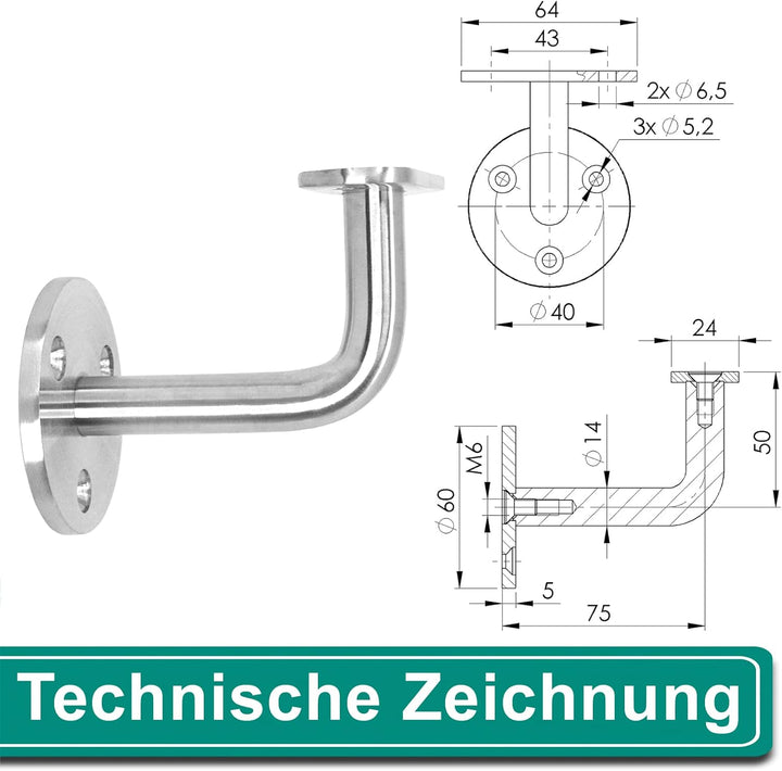 PRIOstahl Handlaufhalter Handlauf Handlaufstütze Wandhalter - 4 x Handlaufträger Flach an die Wand z