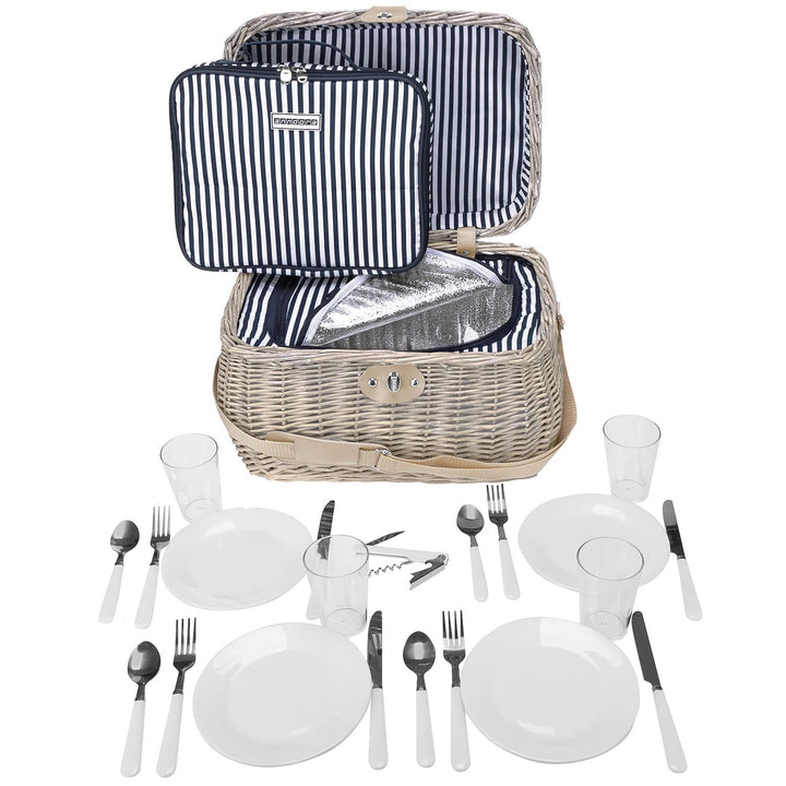 anndora Picknickkorb beige mit Isolierfach blau gestreift inkl. Zubehör 21 Teile - 4 Personen X: Bla