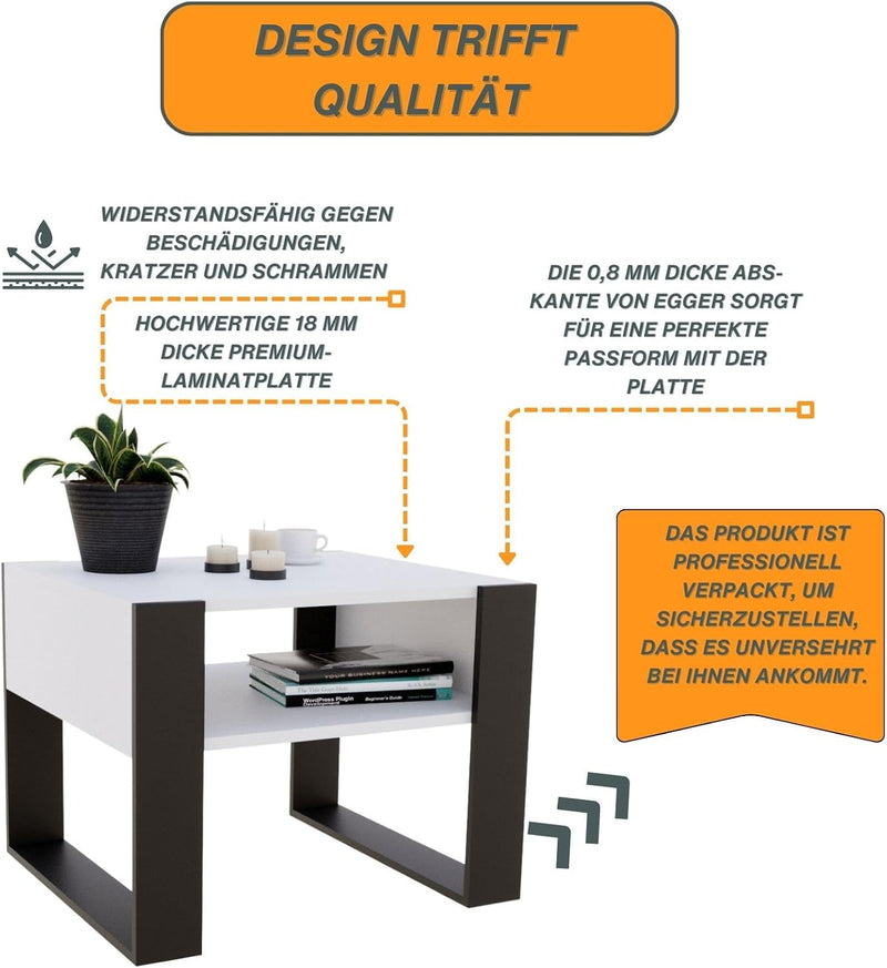 CraftPAK Wohnzimmer Tisch für Couch aus hochwertigem Holz, Stabiler & moderner Couchtisch mit zusätz