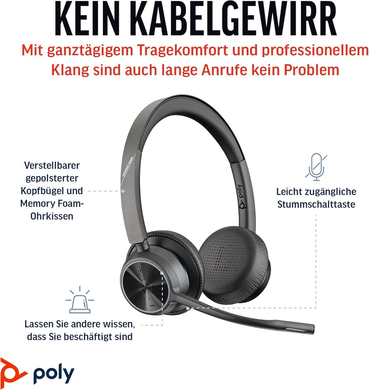 Schnurloses Poly Voyager 4320 UC-Headset – Stereo-Kopfhörer mit Noise Cancelling-Mikrofonarm – Verbi