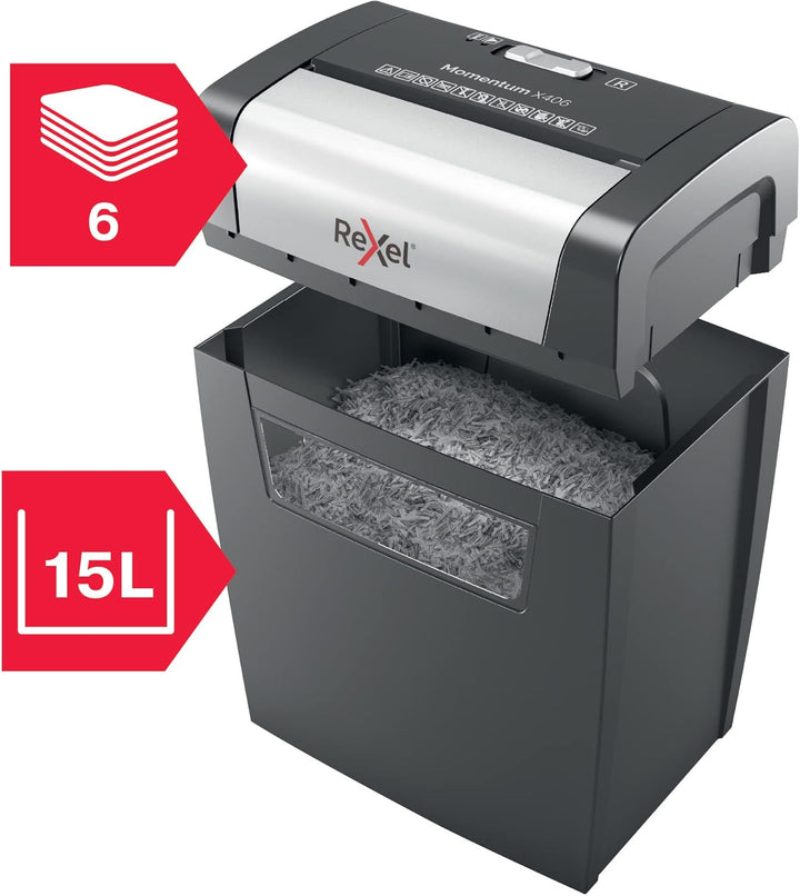 Rexel Aktenvernichter Momentum X406, Partikelschnitt, 7-6 Blatt A4 (70-80 g/m²) Kapazität, Sicherhei