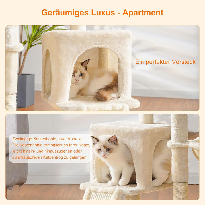 Heybly Kratzbaum mit Katzenbürste, Katzenbaum für Hauskatzen mit Gepolsterter Sitzstange aus Plüsch,
