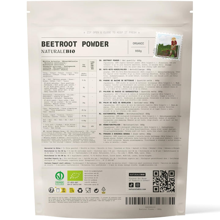 NaturaleBio Rote-Beete-Pulver 950g, Bio Rote-Bete-Pulver aus getrockneter Wurzel, reich an Nitraten