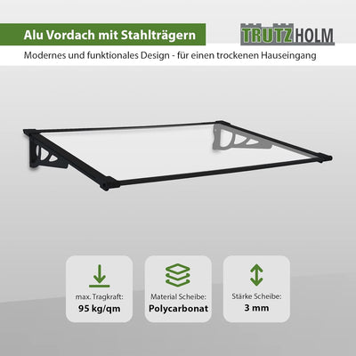 TrutzHolm® Aluminium Vordach Haustürvordach Pultvordach 150 x 90 cm Schneelast 95kg | Polycarbonatpl