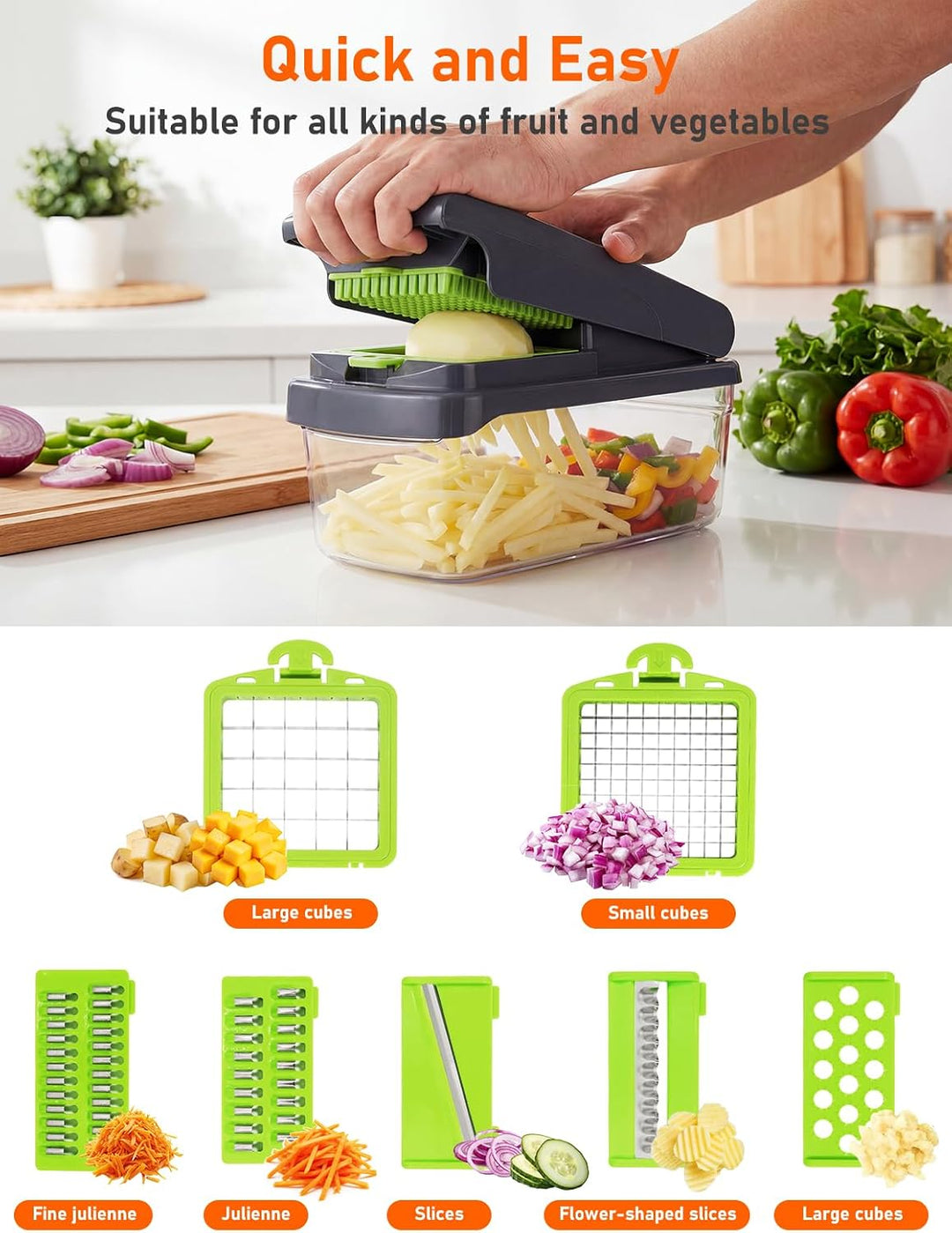14-in-1 Gemüseschneider, Gemüsehobel mit 7 Einsätzen & Aufbewahrungsbox, Multifunktionaler Vegetable