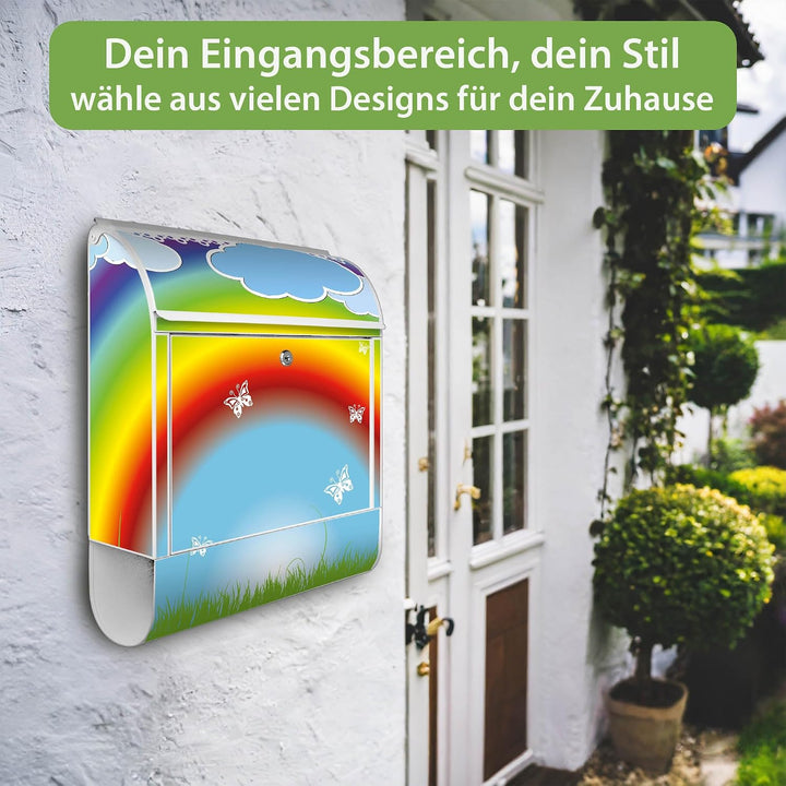 banjado® Design Briefkasten mit Motiv Regenbogen 39x47x14cm &amp; 2 Schlüssel - Briefkasten Stahl weiss