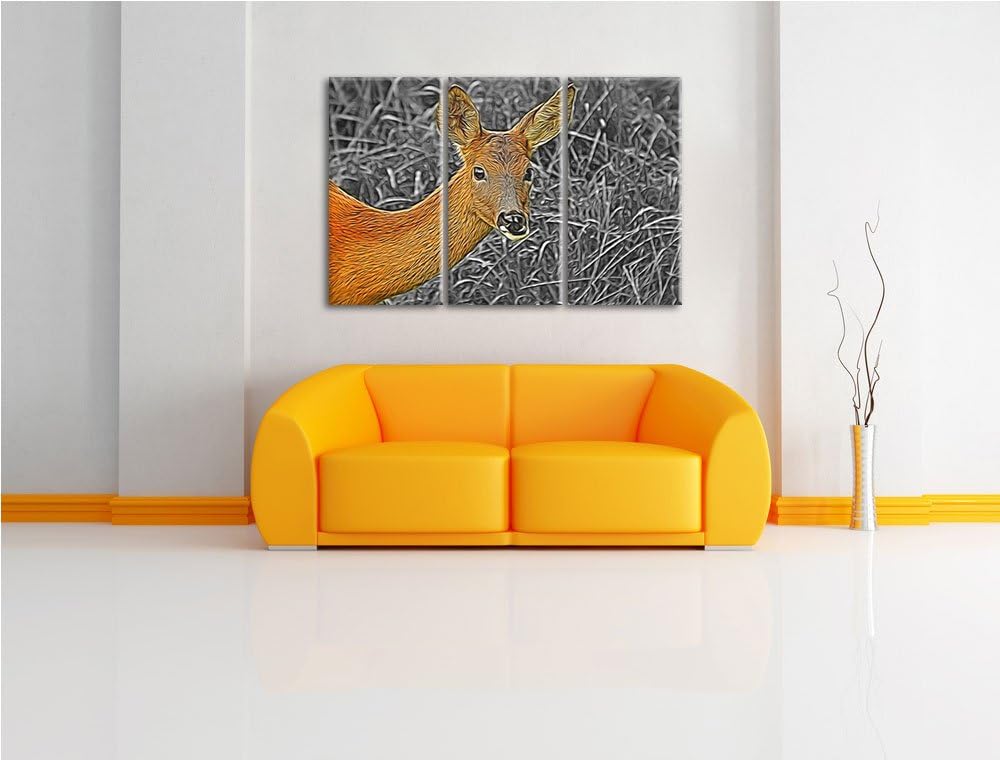 stolzes Reh beim Fressen schwarz/weiss Deluxe 3-Teiler Leinwandbild 120x80 Bild auf Leinwand, XXL ri