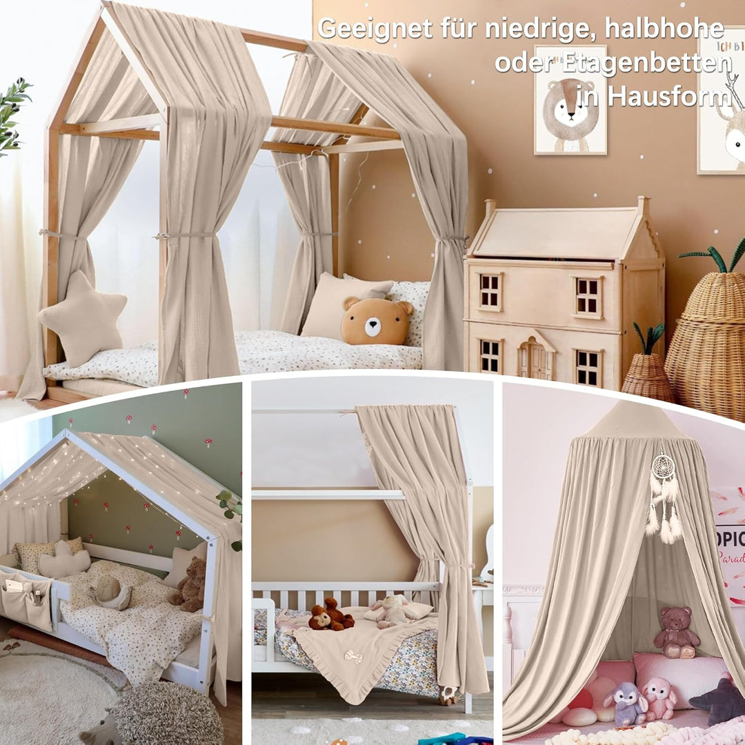 Hausbett Himmel Deko Set, Betthimmel Hausbett aus Musselin - 2 Betthimmel & 1 Wimpelkette, für Junge