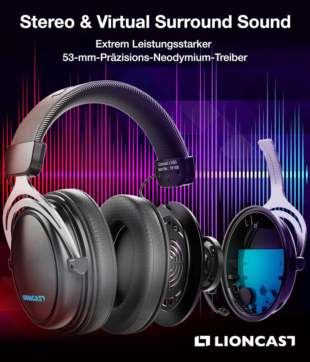 Lioncast® LX80 Gaming Headset mit Mikrofon Wireless [80Std. Akku] - PS5 - Xbox One - Gaming Headset