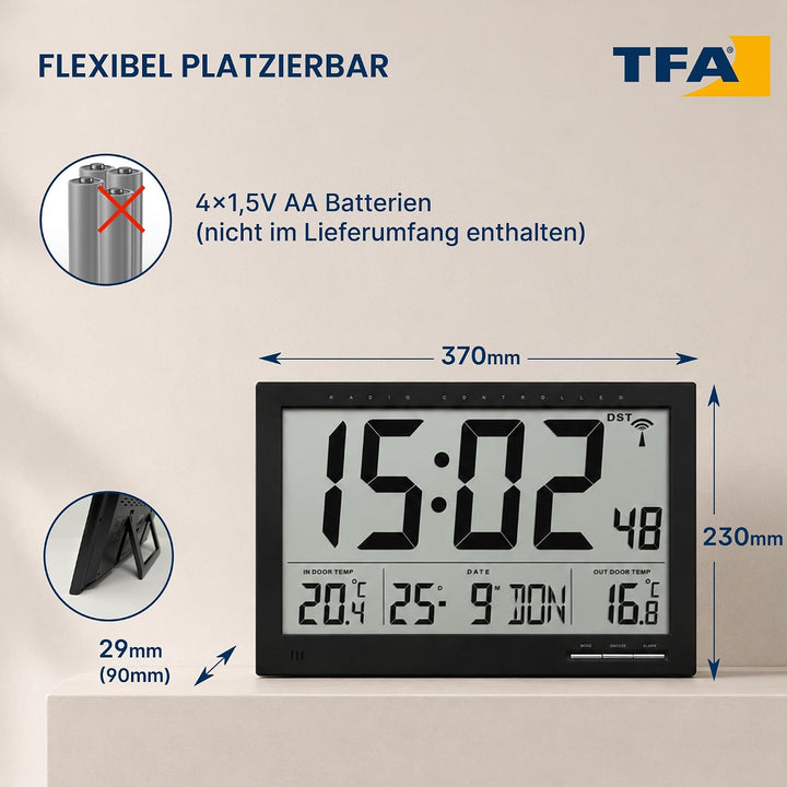 TFA Dostmann Digitale XL-Funkuhr, mit Aussen-und Innentemperatur, Wanduhr, gut ablesbar, schwarz, 60