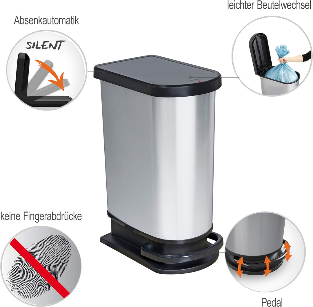 Rotho Paso Mülleimer 50l mit Deckel, Kunststoff (PP) BPA-frei, silber metallic, 50l (44,0 x 29,0 x 6