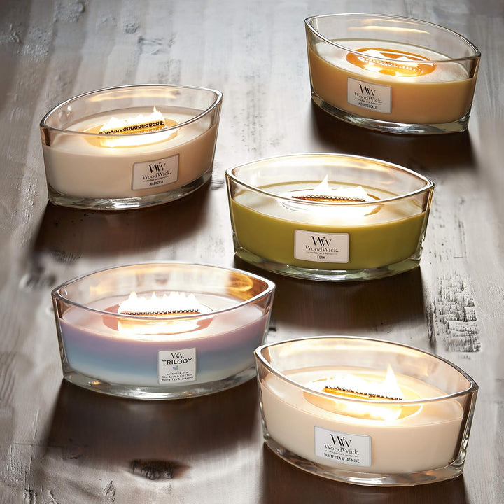 Ellipsenförmige WoodWick Duftkerze mit knisterndem Docht, Linen, bis zu 50 Stunden Brenndauer, 454g