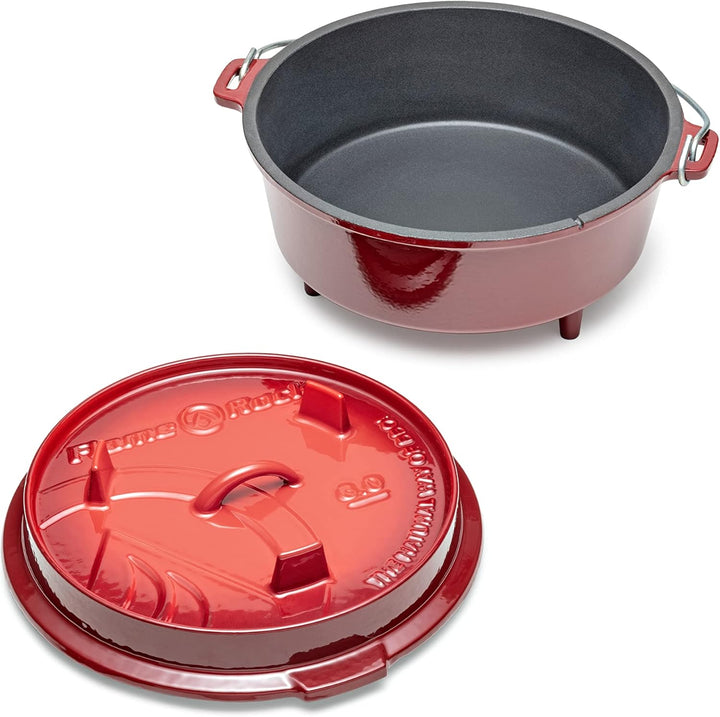FLAME ROCK Dutch Oven 6.0, rot emailliert, gusseiserner Feuertopf mit 6 Liter Fassungsvermögen, bere