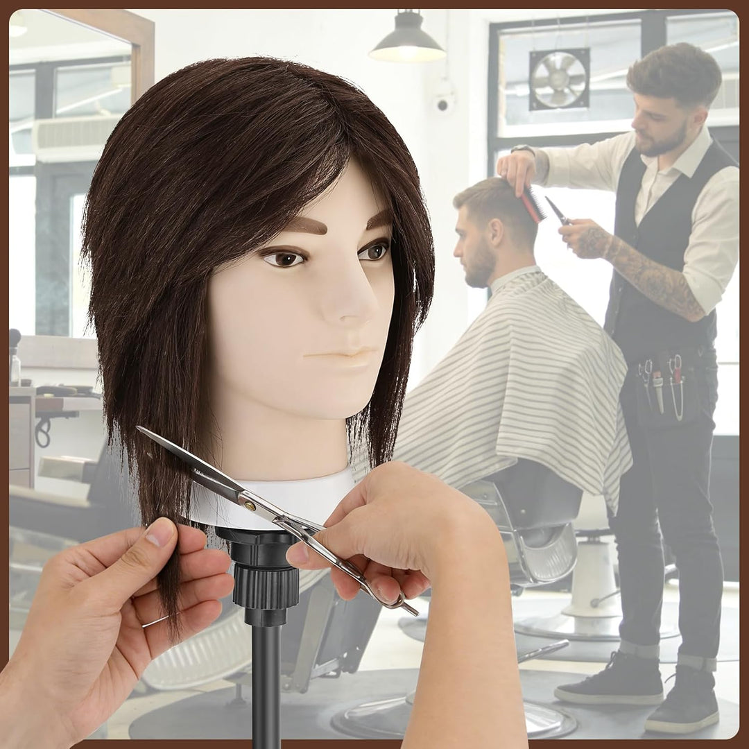 TwoWin 33 cm (13 Zoll) Frisierkopf Echthaar, Mann Friseurkopf Übungskopf 100% echthaar, Trainingskop
