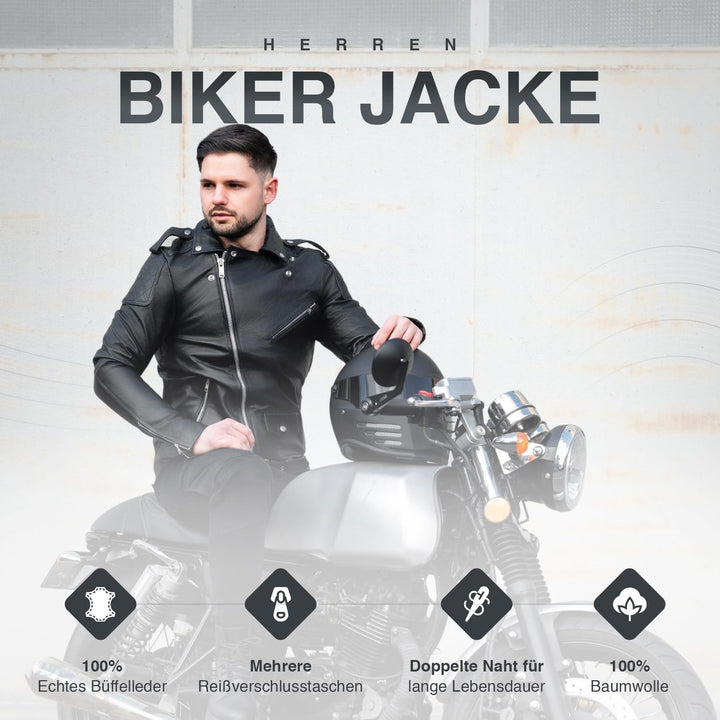 Herren Biker Lederjacke Echtes Leder Jacke Echtleder Gr. S-7XL, S