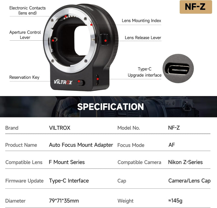 VILTROX NF-Z FTZ Objektivadapter Auto Focus Ring Mount Adapter Objektivkonverter Kompatibel für Niko