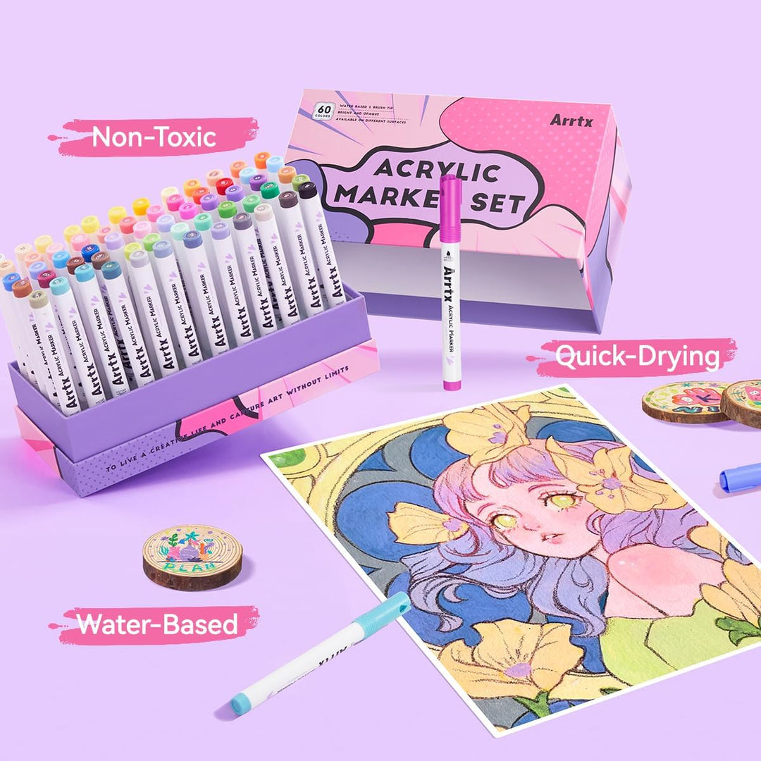 Arrtx Pinselspitze Acrylfarbe Stifte,Wasserfeste Acrylstifte in 60 Farben für DIY, Felsmalerei & meh