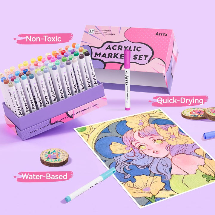 Arrtx Pinselspitze Acrylfarbe Stifte,Wasserfeste Acrylstifte in 60 Farben für DIY, Felsmalerei & meh