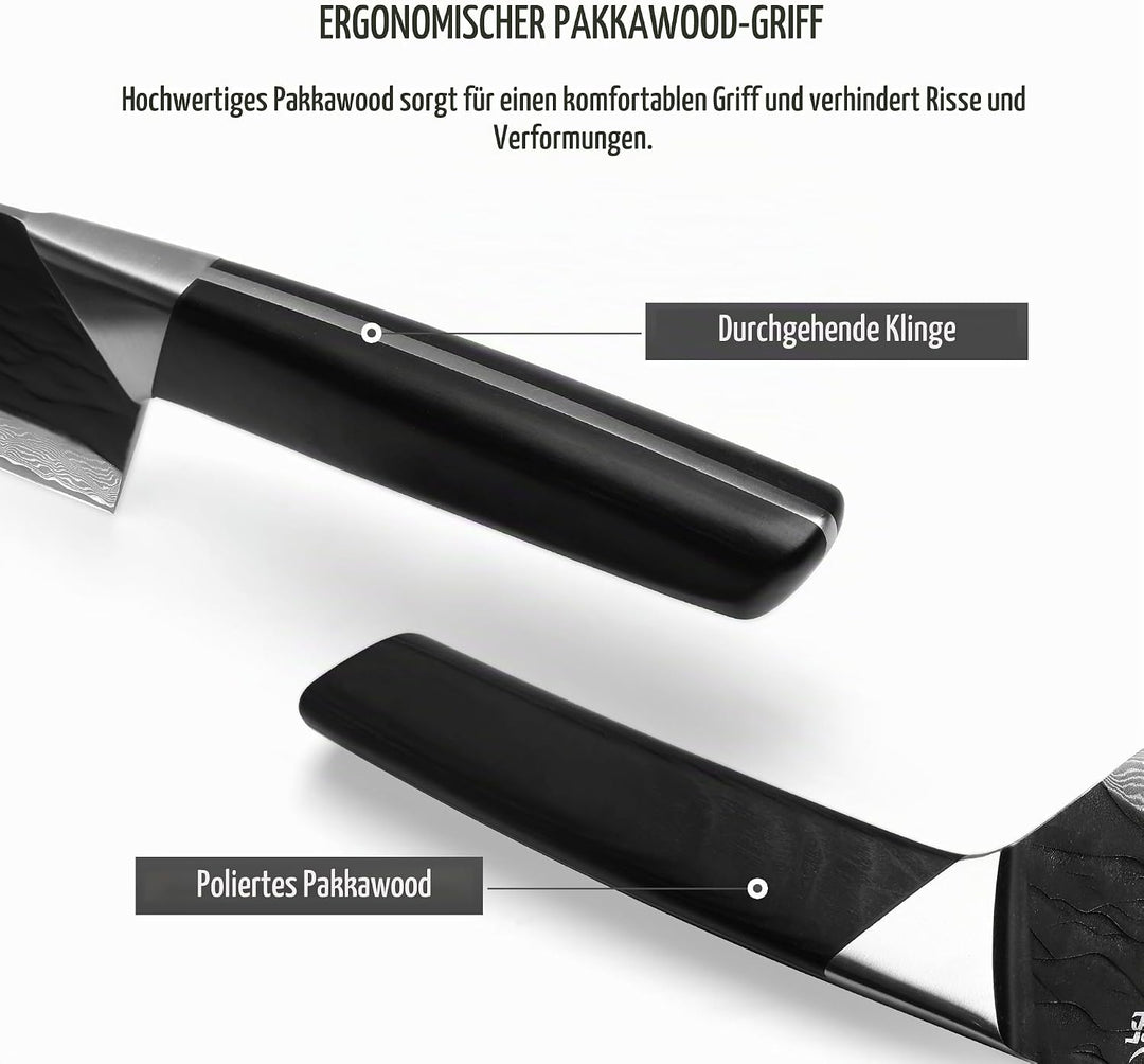 Bunka Messer, Damaszener Kochmesser mit Premium Pakkawood Griff, Full Tang Konstruktion, schwarz oxi
