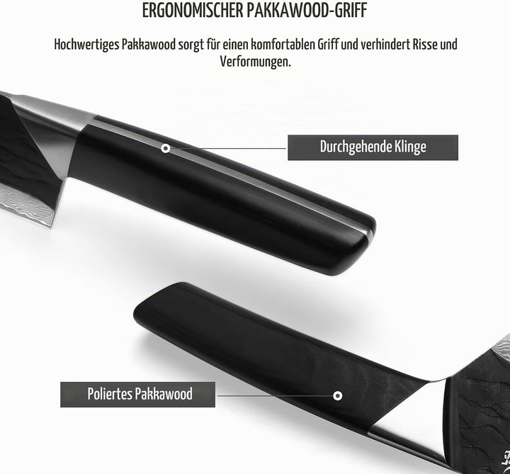 Bunka Messer, Damaszener Kochmesser mit Premium Pakkawood Griff, Full Tang Konstruktion, schwarz oxi
