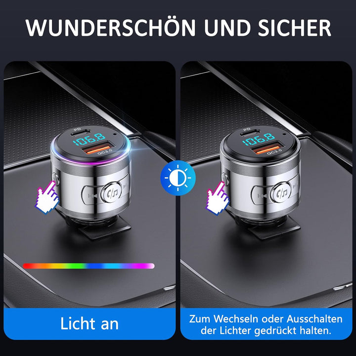 LENCENT Bluetooth FM Transmitter, Bluetooth 5,3 KFZ Auto Radio Bluetooth Adapter, Autoladegerät Ziga