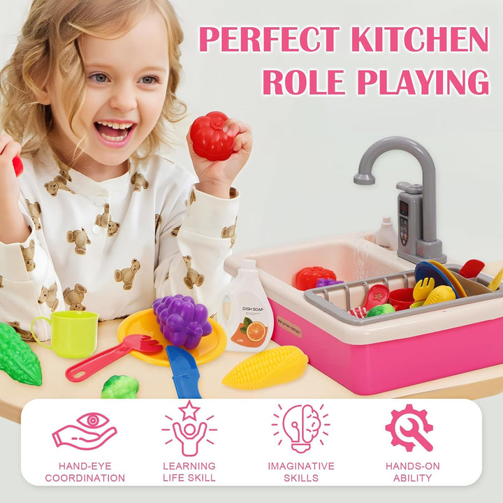 Spielspüle Kinder,Küchenspüle Spielzeug Set mit Wasserkreislauf,Elektrischem Wasserhahn,Rollenspiel-