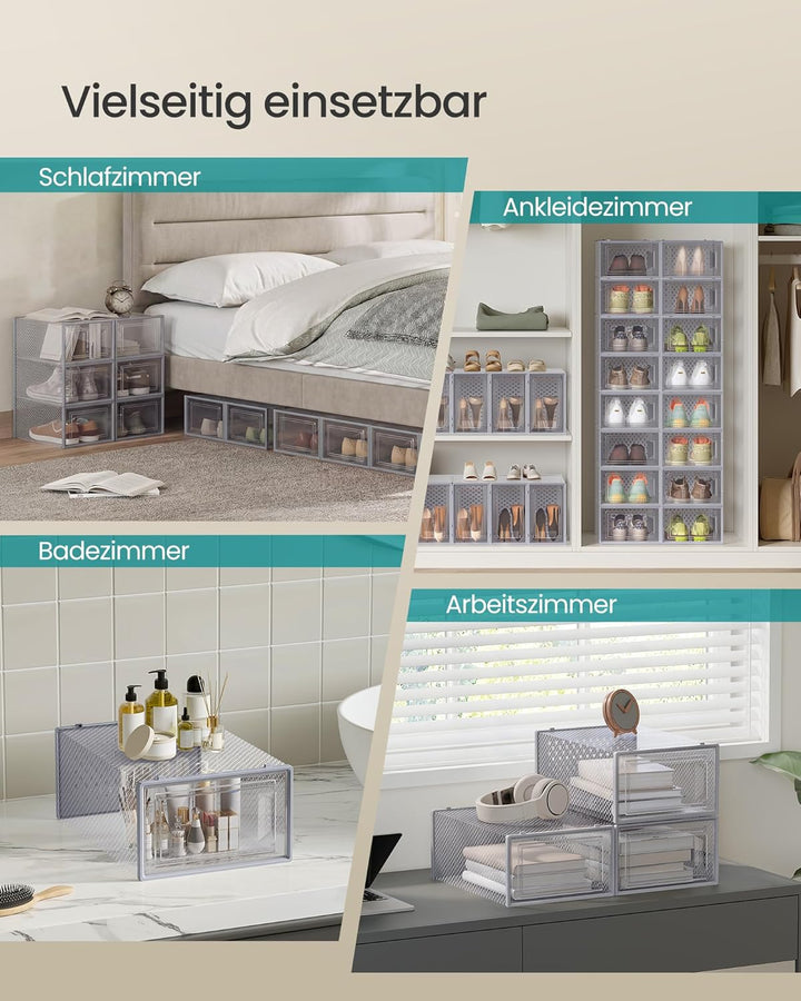 SONGMICS Schuhboxen, 18er Set Schuhkartons durchsichtig, faltbar und stapelbar, bis Grösse 44, trans