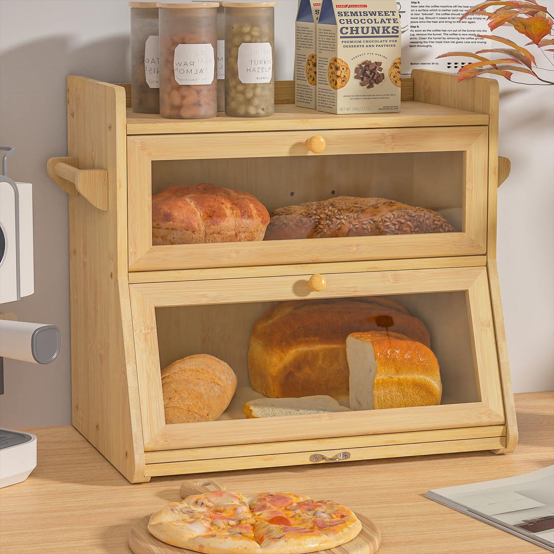 Brotkasten Bambus 2 Etagen, Bambus Brotkasten Holz mit Schneidebrett, Eco Brotbox Brotkorb mit Belüf
