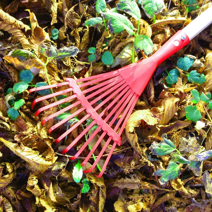 Kinder Gartenrechen Metall mit Holzstiel, Kinder Garten Spielzeug Laub Rechen Fächerbesen (Rot), Rot