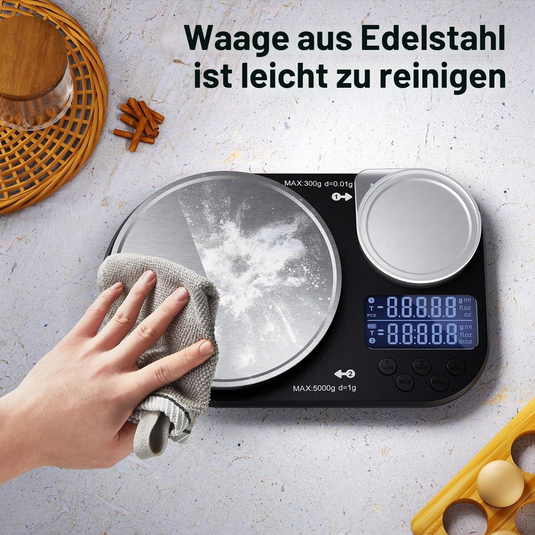 Doppelplattform-Küchenwaage, digitale Lebensmittelwaage wiegt bis zu 5 kg und 300 g, digitale Waage