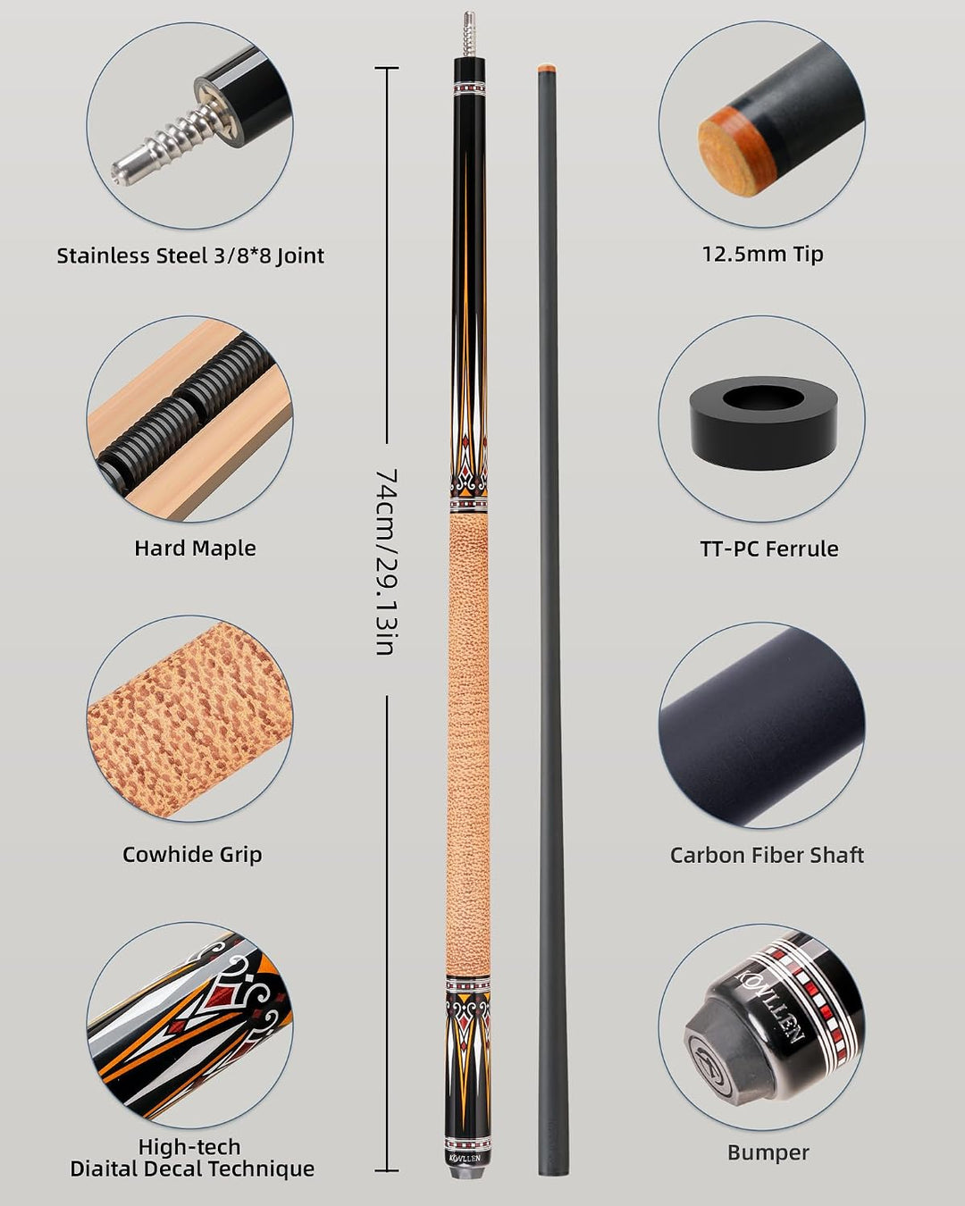 KONLLEN Billardqueue aus Carbonfaser, 147cm, professionelles Billardqueue für Erwachsene, Vollcarbon