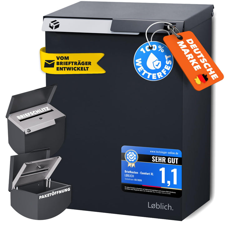 Briefkasten RAL 7021 Schwarz-grau | Vom Briefträger entwickelter XL-Wandbriefkasten für Päckchen & P