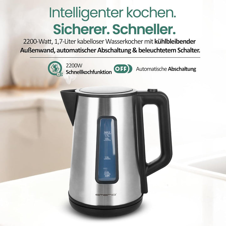 Emerio Wasserkocher doppelwandiges Cool-Wall Gehäuse 1.7L BPA 2200 Watt Auto Off Überhitzungsschutz