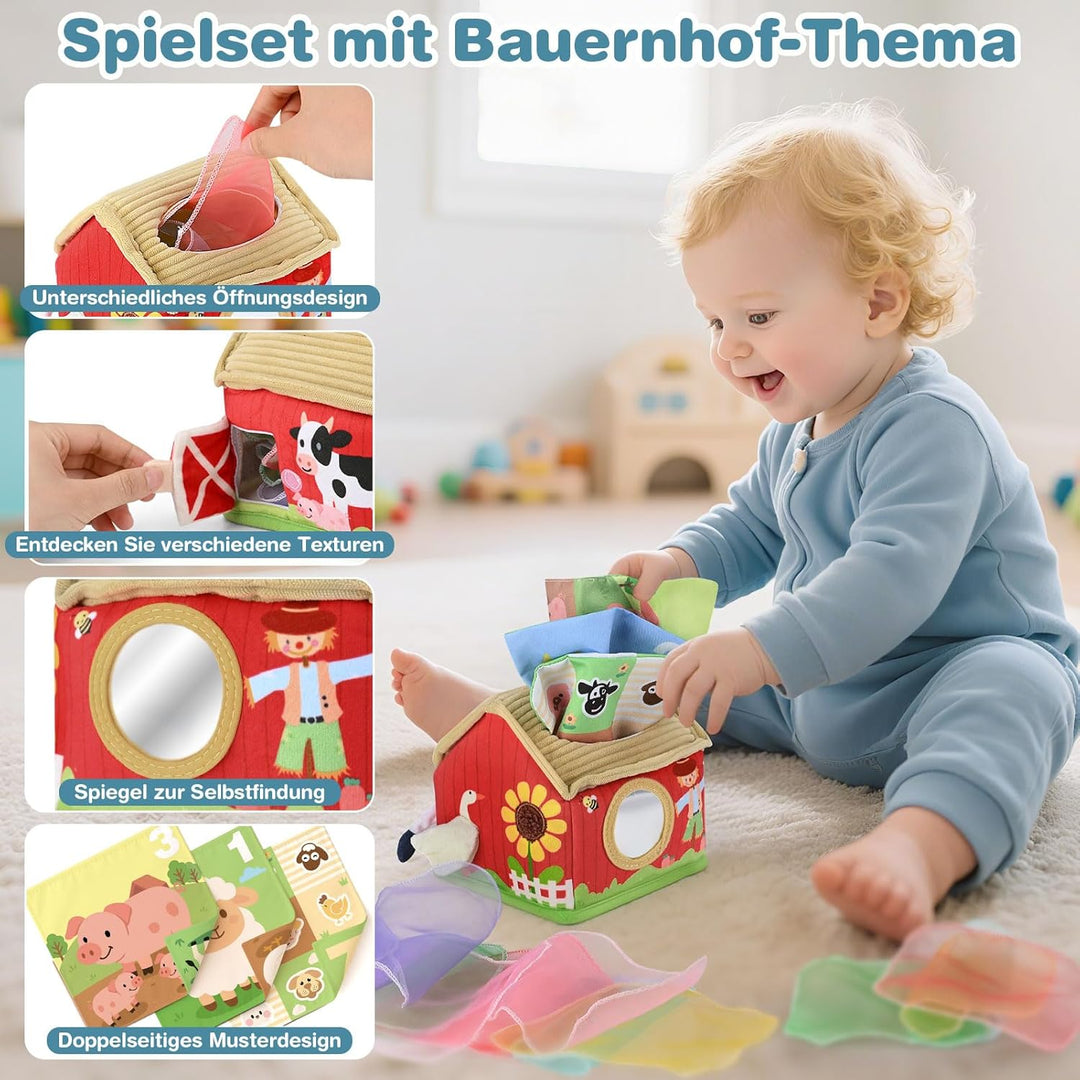 Vanplay Baby Spielzeug 6 Monate, Montessori Spielzeug Bauernhof-Thema Tissue Box Spielzeug mit Schal